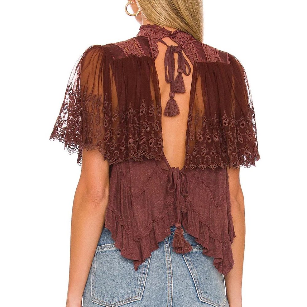 Free People Savannah Mock Neck Handkerchief Hem Blouse in Chocolate Lava Size L - Picture 3 of 3